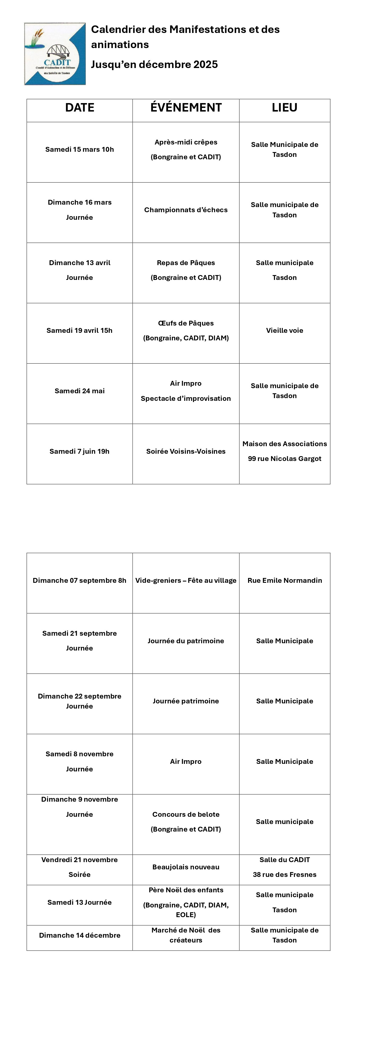 Calendrier des événements 2025